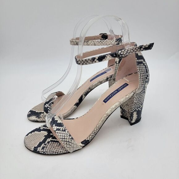 Stuart Weitzman Nearlynude Block-Heel Python-Embossed Leather Sandals US 8 - Picture 1 of 12